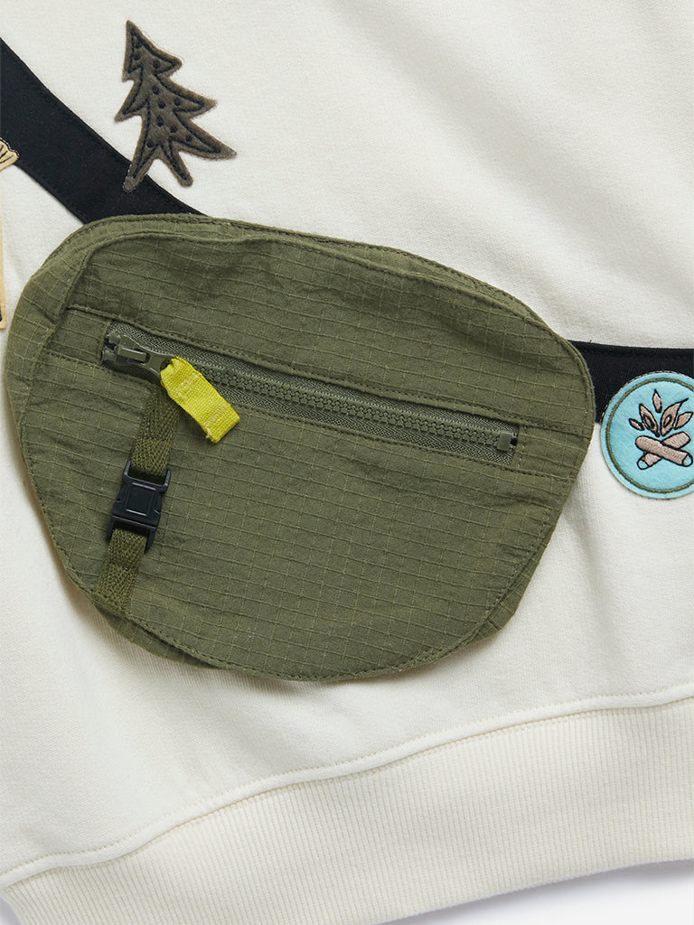 Westside HOP Kids Off-White Fanny Pack Detailed Cotton-Blend Sweatshirt for Winter Wear Zoomed View