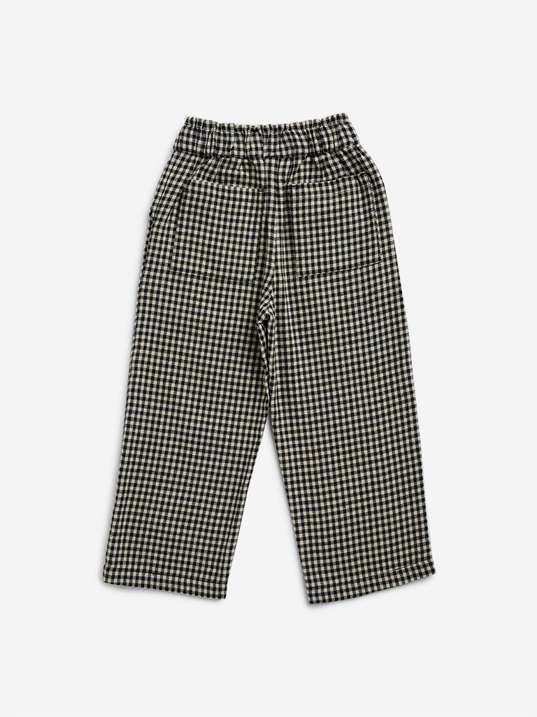 HOP Kids Black Checkered High-Rise Cotton Pants