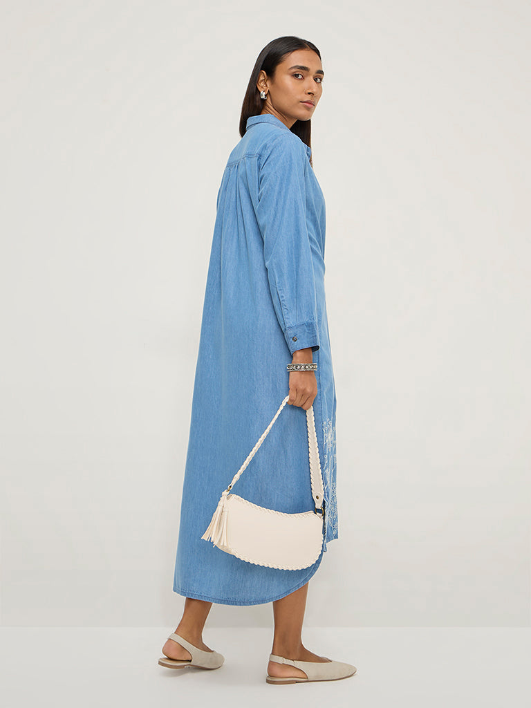 Utsa Blue Floral Embroidered Denim Shirt Dress
