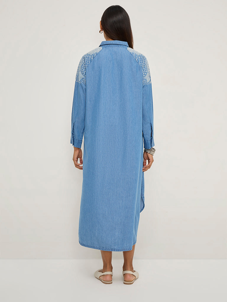 Utsa Blue Embroidered High-Low Denim Shirt Dress