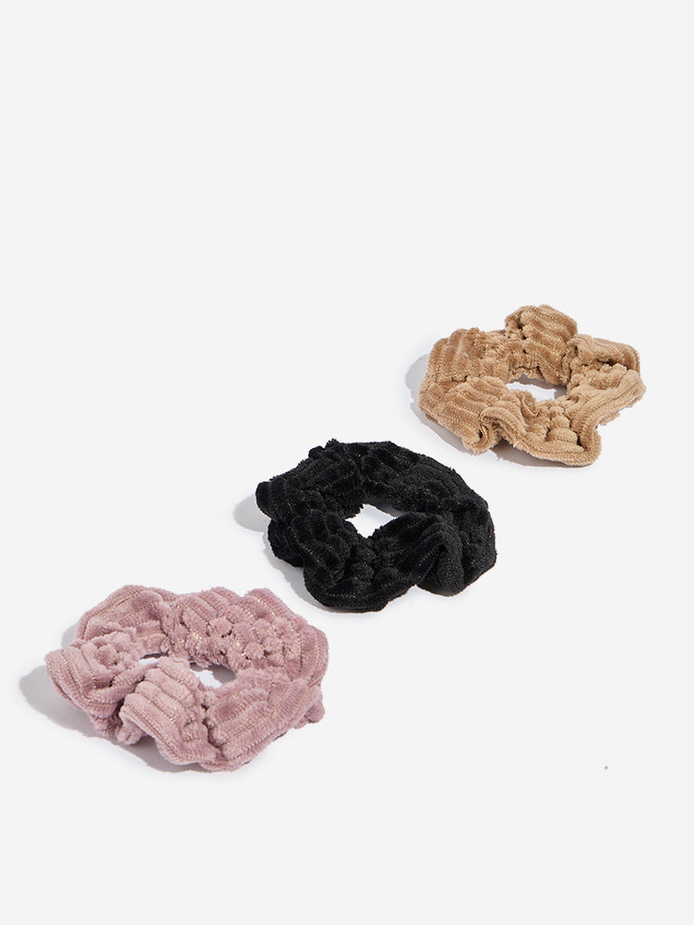 Westside Accessories Multicolour Corduroy Textured Scrunchies - Pack of 3
