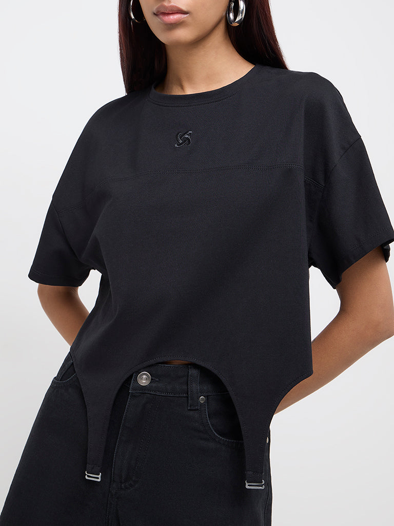 Nuon Black Cut-Out Design Cotton-Blend T-Shirt
