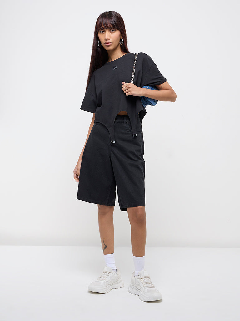 Nuon Black Cut-Out Design Cotton-Blend T-Shirt