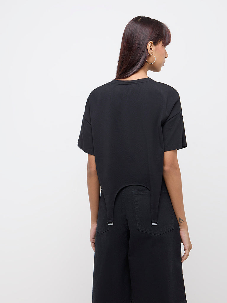 Nuon Black Cut-Out Design Cotton-Blend T-Shirt