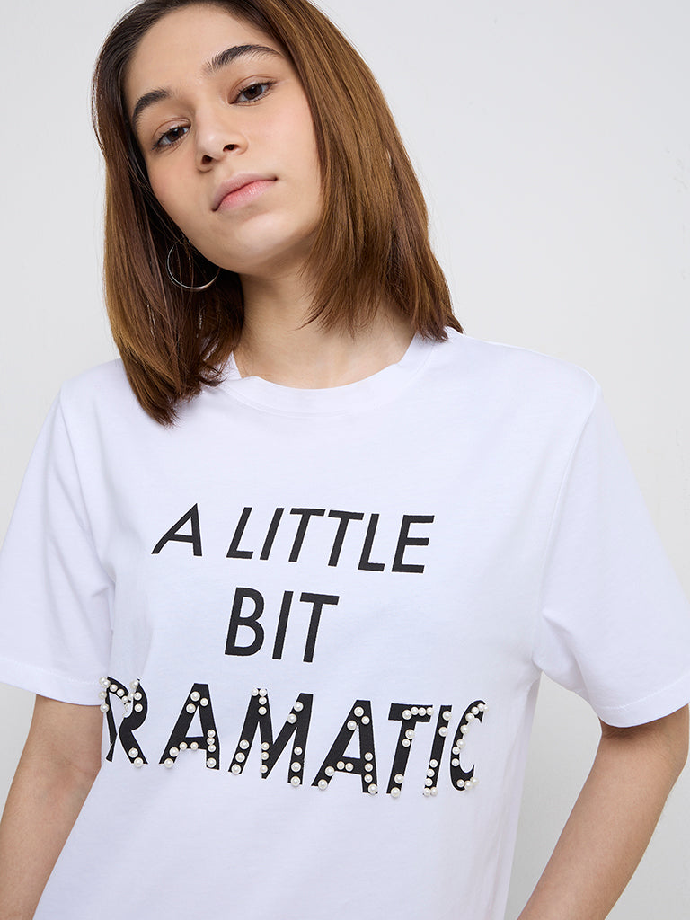 Nuon White Text Embellished Cotton T-Shirt