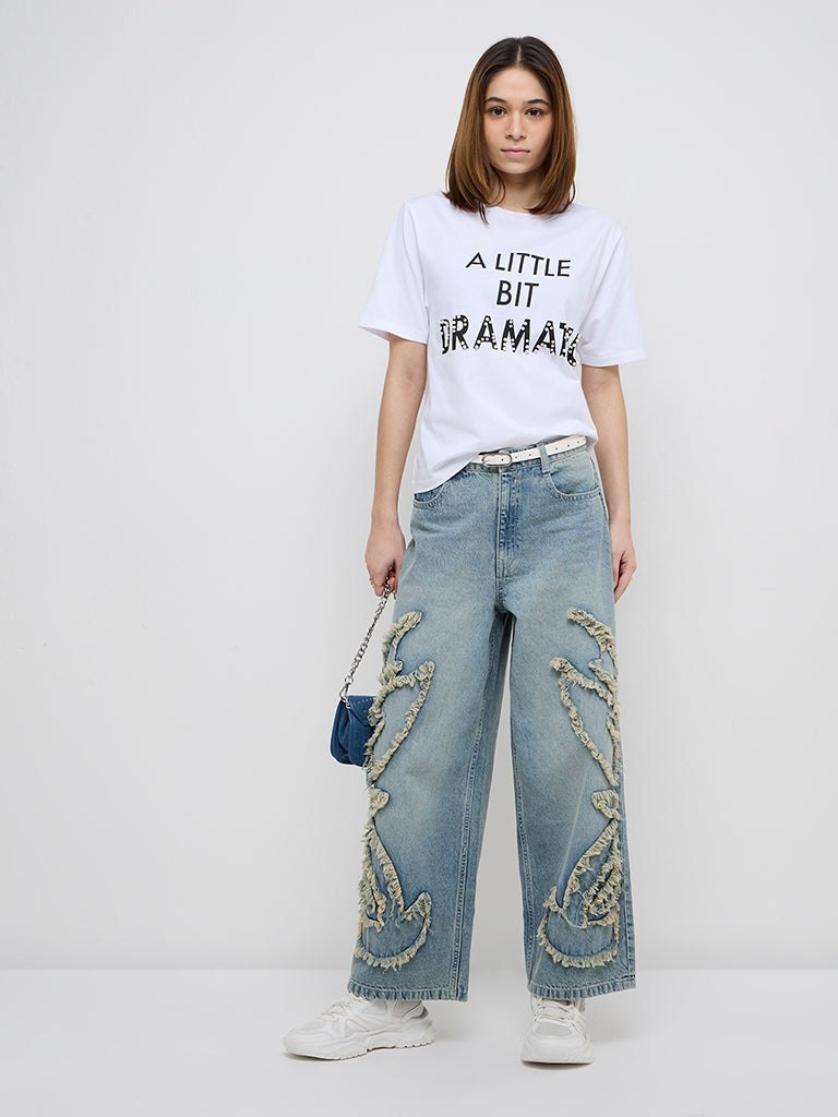 Nuon White Text Embellished Cotton T-Shirt