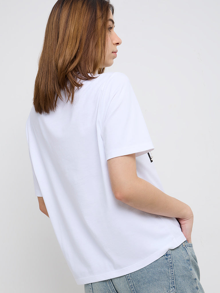 Nuon White Text Embellished Cotton T-Shirt