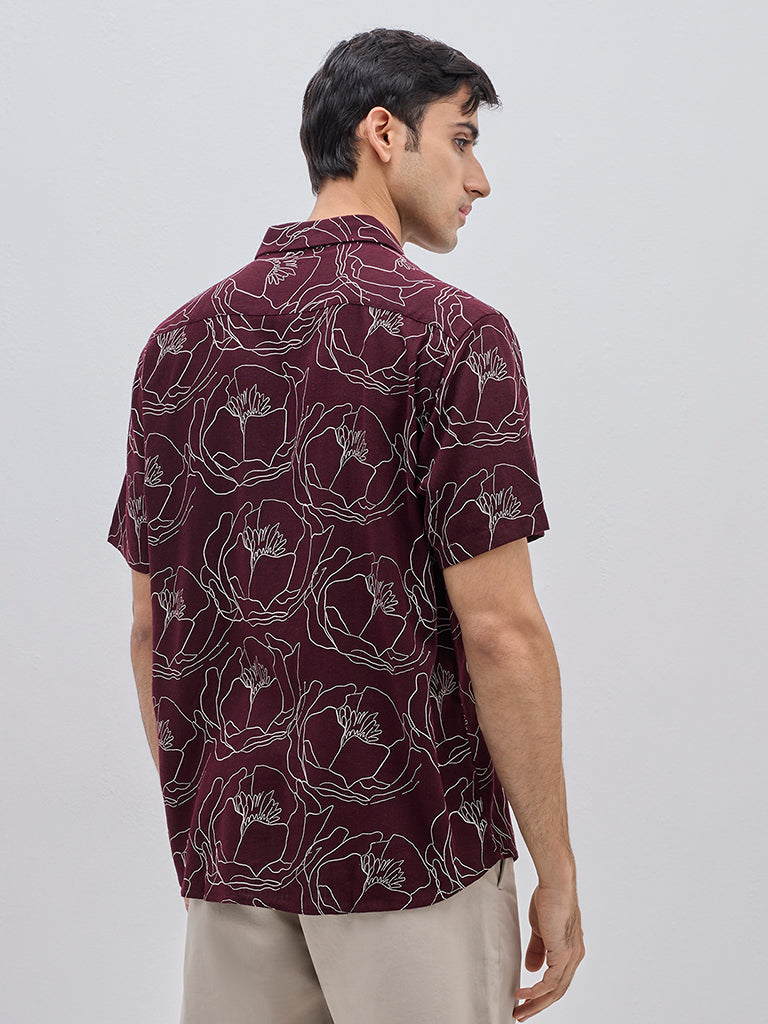 Westside Ascot Men's Wine Floral Design Relaxed-Fit Shirt for Casual Wear Back View