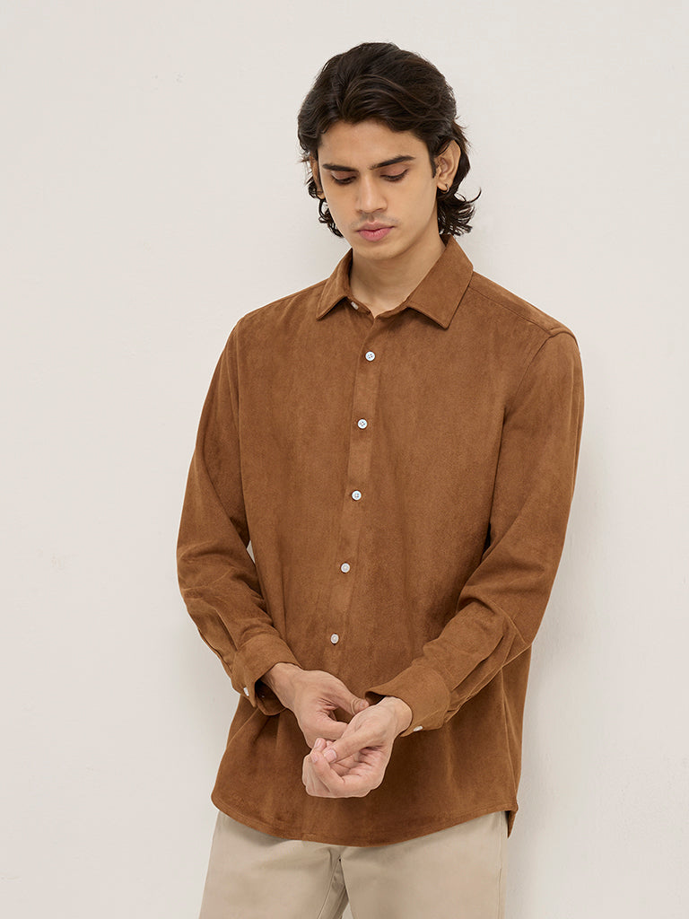 Westside Ascot Men's Tan Faux-Suede Relaxed-Fit Shirt for Casual Wear Front view