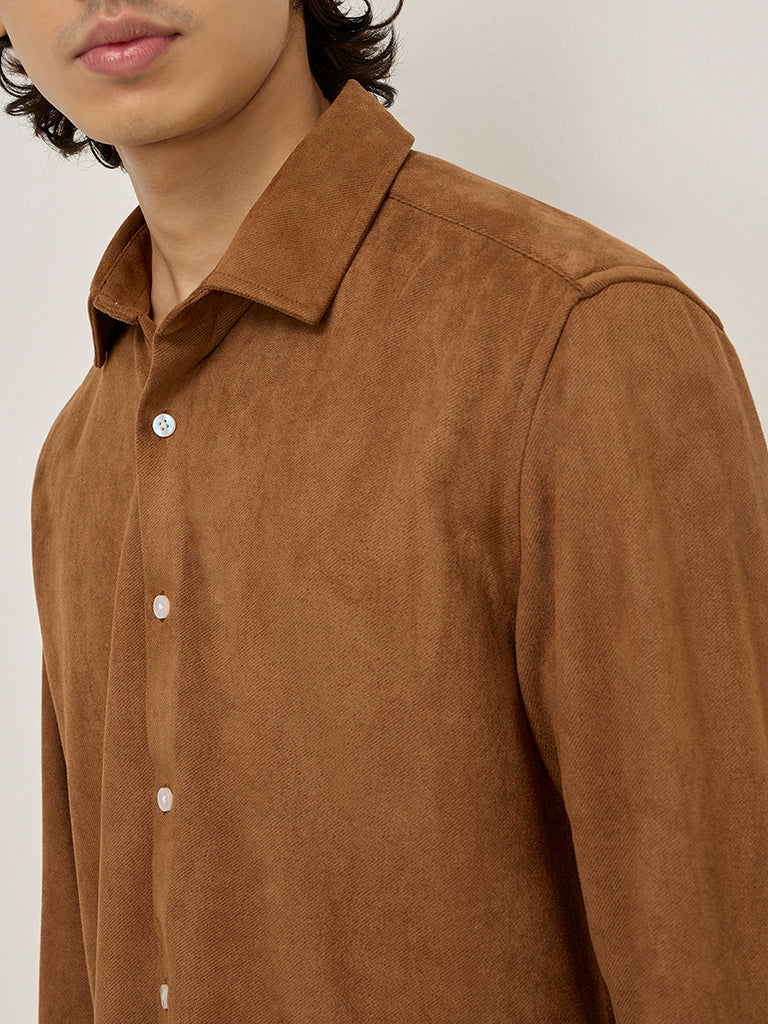 Westside Ascot Men's Tan Faux-Suede Relaxed-Fit Shirt for Casual Wear Zoomed View