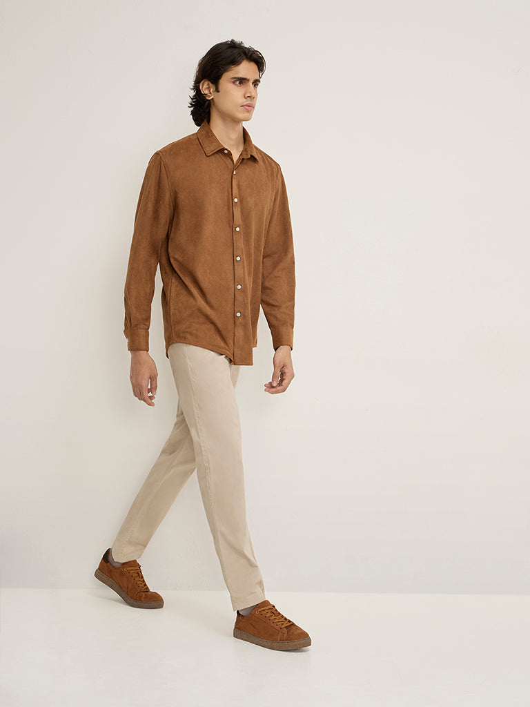 Westside Ascot Men's Tan Faux-Suede Relaxed-Fit Shirt for Casual Wear Full View