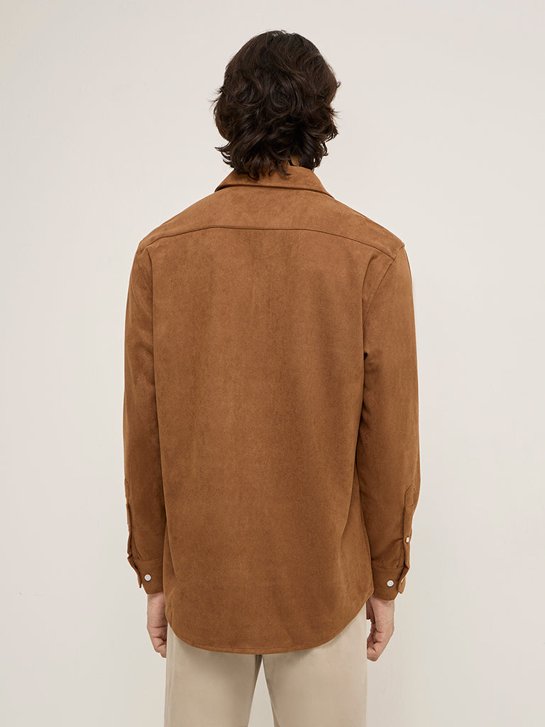 Westside Ascot Men's Tan Faux-Suede Relaxed-Fit Shirt for Casual Wear Back View