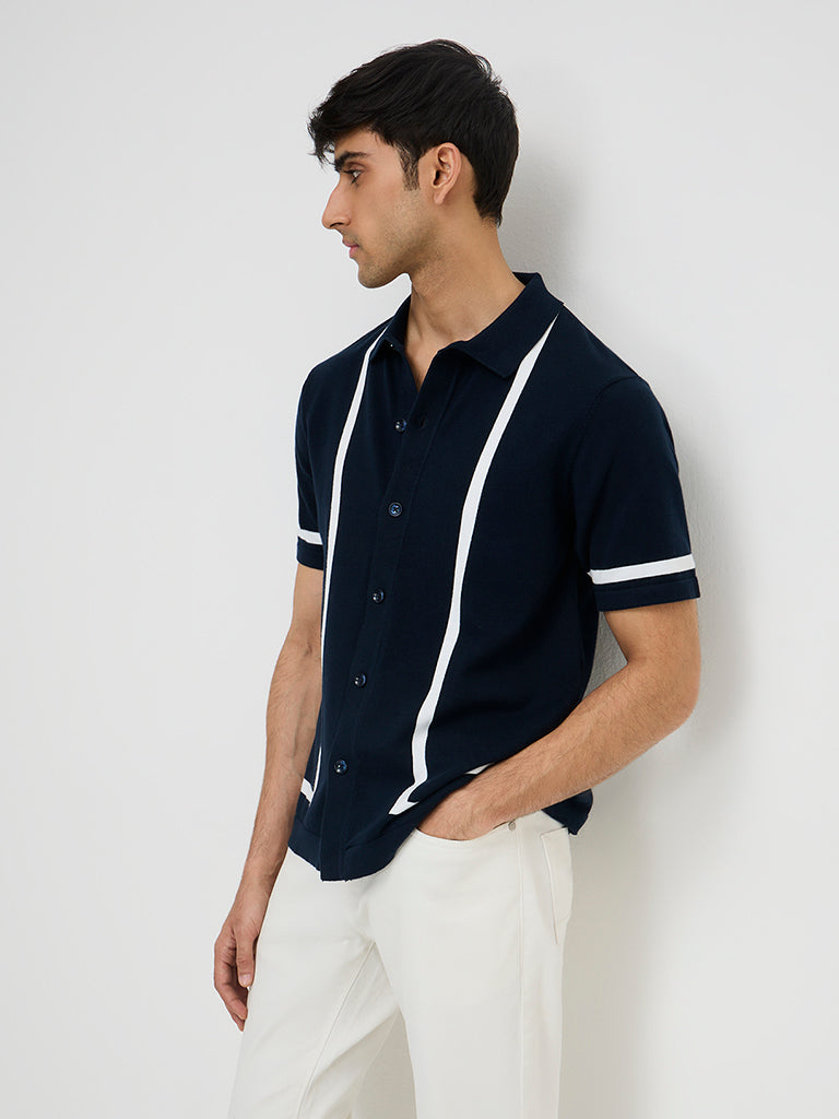 Ascot Navy Stripe Printed Relaxed-Fit Cotton-Blend Shirt