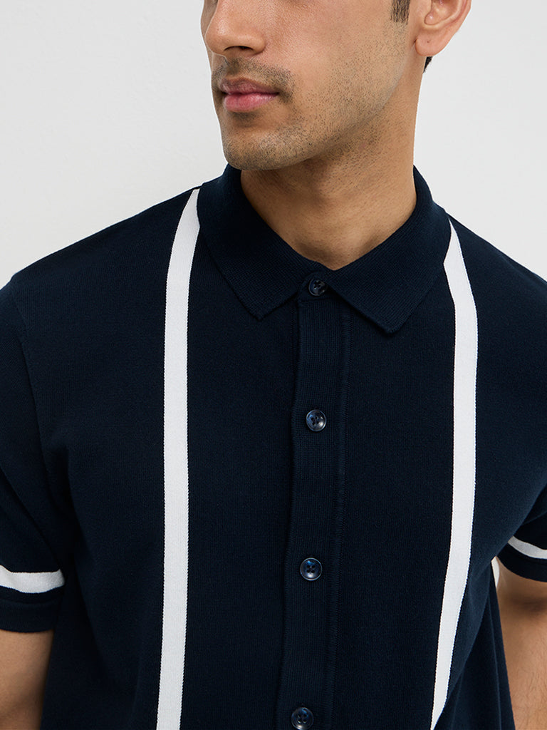 Ascot Navy Stripe Printed Relaxed-Fit Cotton-Blend Shirt