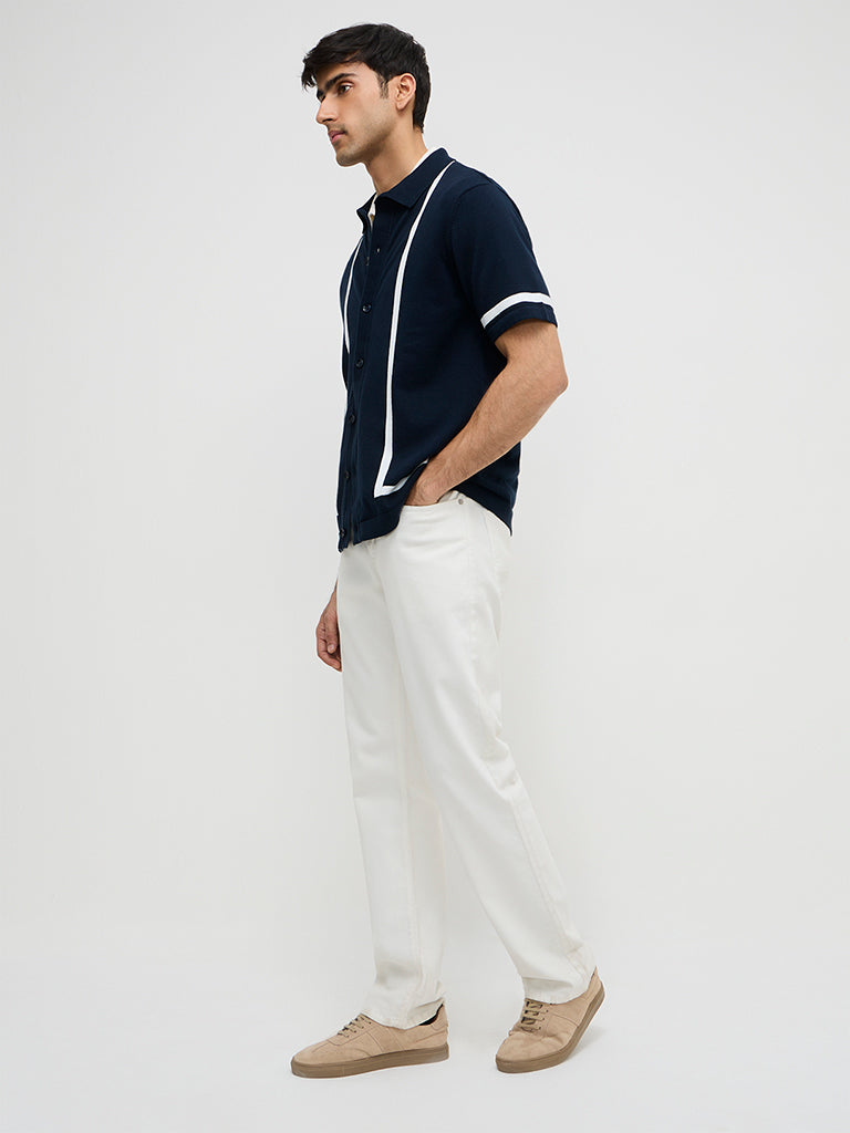 Ascot Navy Stripe Printed Relaxed-Fit Cotton-Blend Shirt