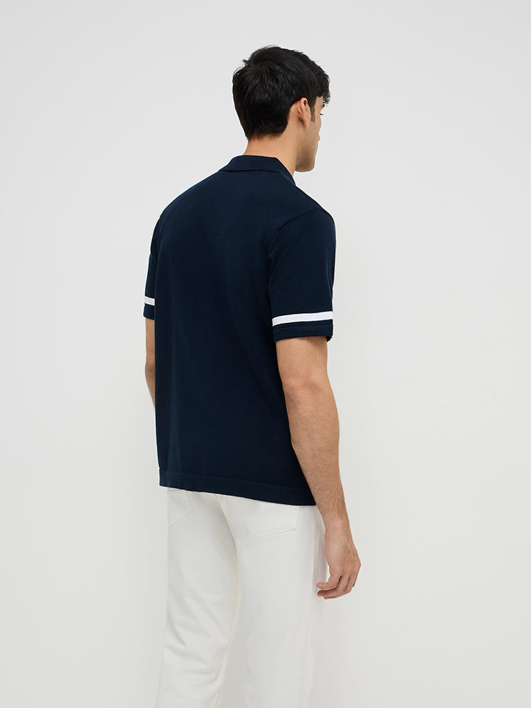 Ascot Navy Stripe Printed Relaxed-Fit Cotton-Blend Shirt