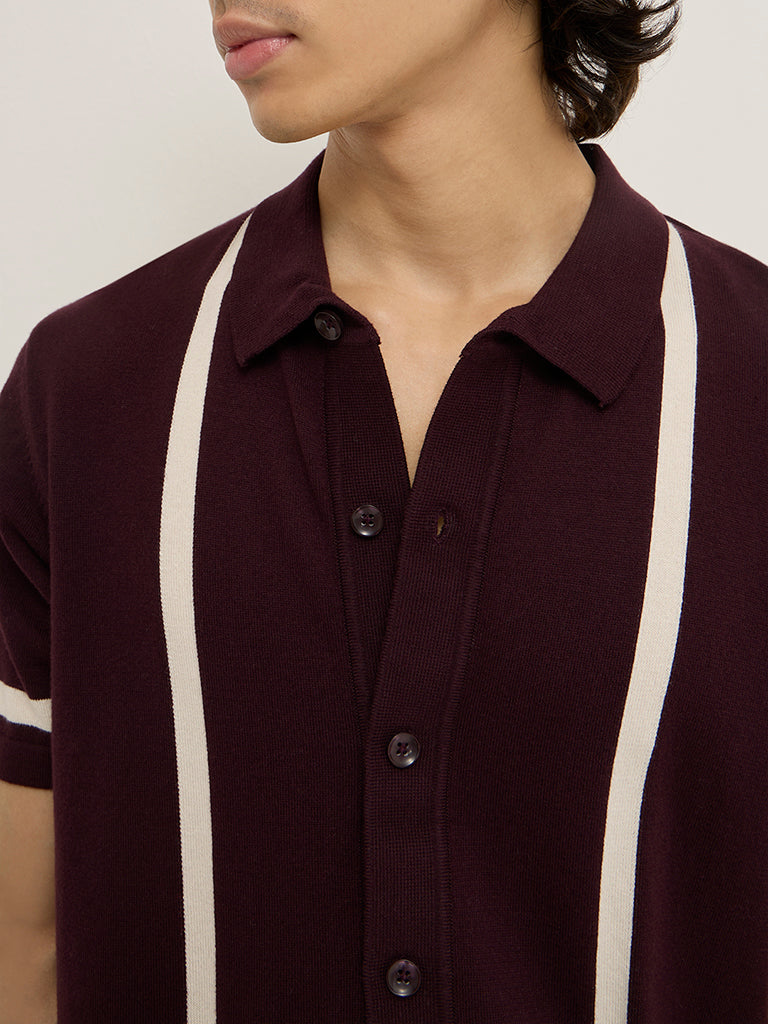 Ascot Wine Knit-Textured Relaxed-Fit Cotton-Blend Shirt