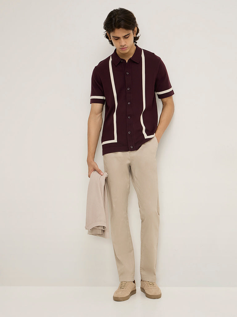 Ascot Wine Knit-Textured Relaxed-Fit Cotton-Blend Shirt
