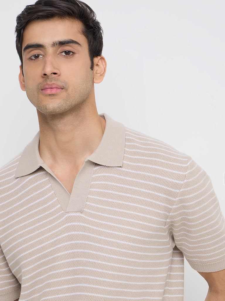 Ascot Beige Striped Relaxed-Fit Polo T-Shirt