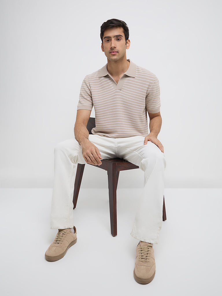 Ascot Beige Striped Relaxed-Fit Polo T-Shirt