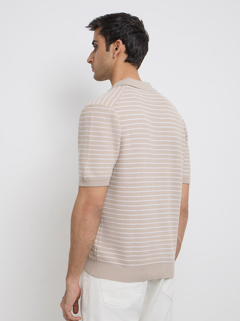 Ascot Beige Striped Relaxed-Fit Polo T-Shirt