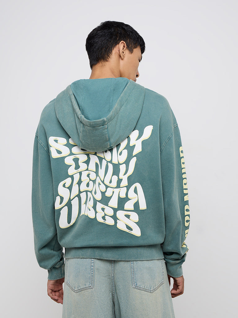 Nuon Sage Typographic Design Relaxed-Fit Cotton Hoodie
