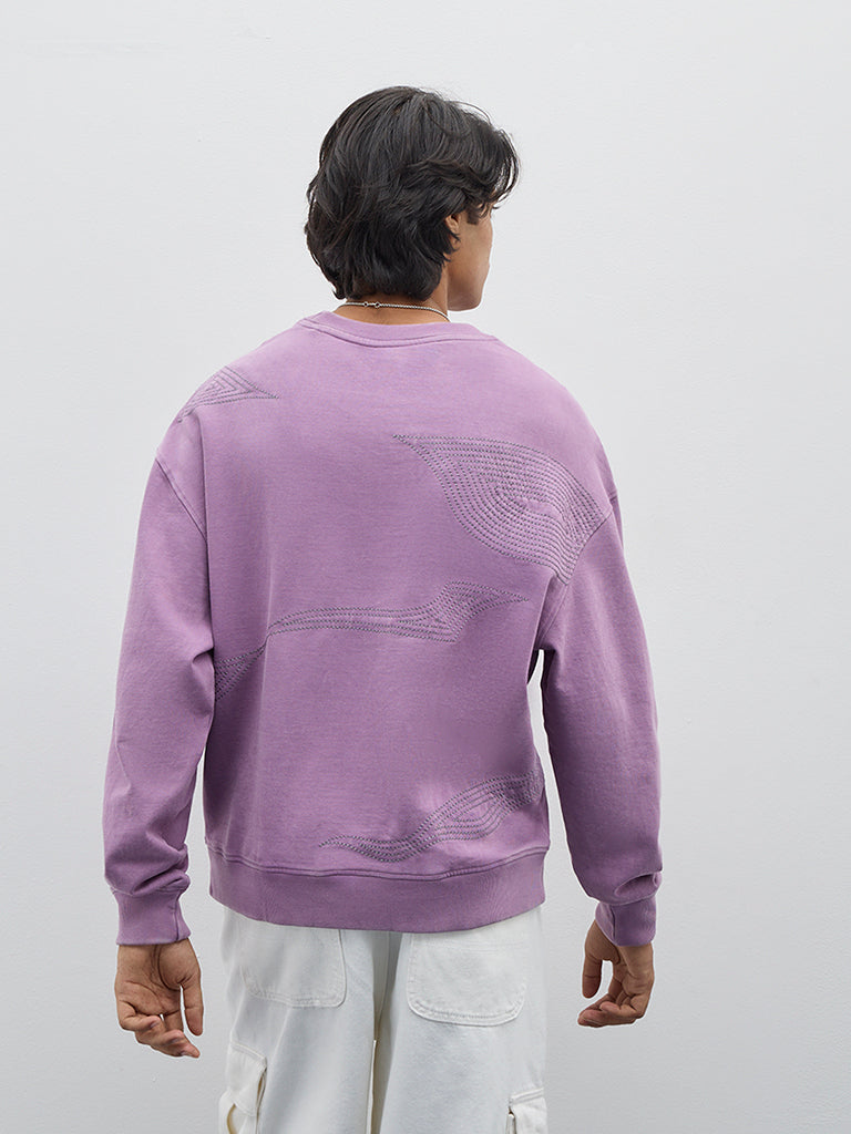 Nuon Purple Embroidered Relaxed-Fit Cotton Sweatshirt