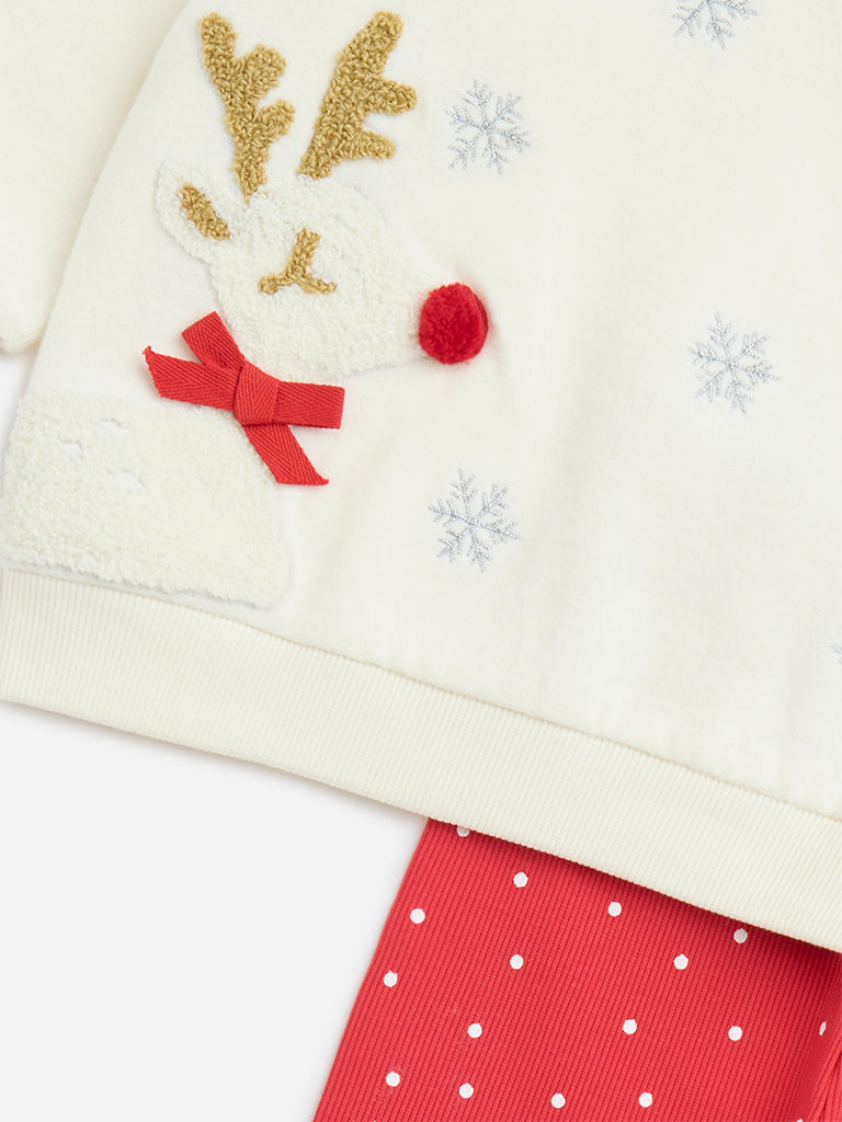 Westside HOP Baby Girl's Off-White Applique Detail Cotton Top and Pants Set for Casual Wear Zoomed View