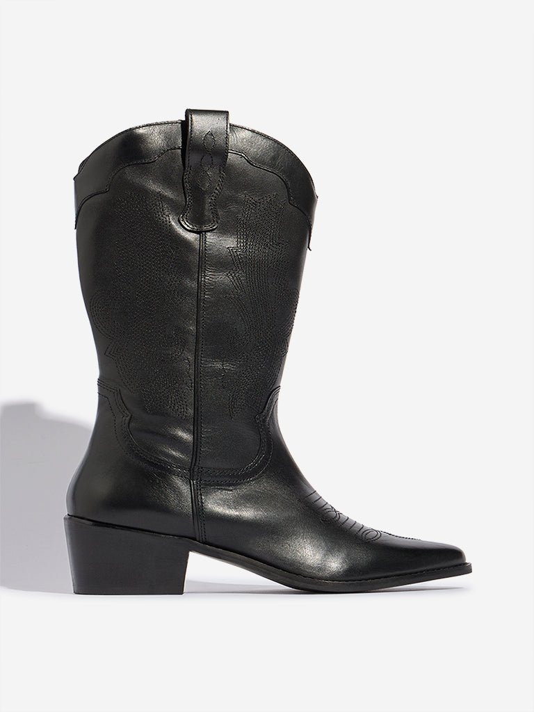 Westside LUNA BLU Women's  Black Stitch Detailed Cowboy Leather Boots for Casual Wear Side View