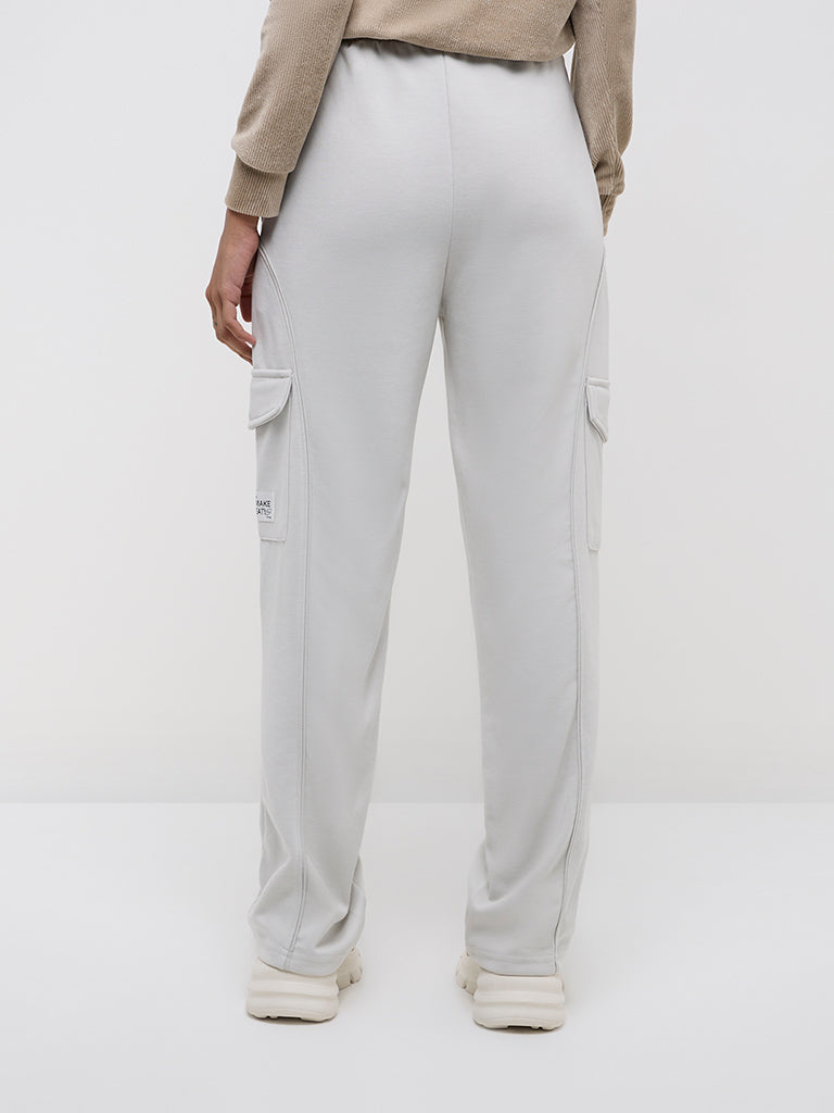 Westside Studiofit Women's Light Grey High-Rise Cotton-Blend Track Pants for Sports Wear Back View
