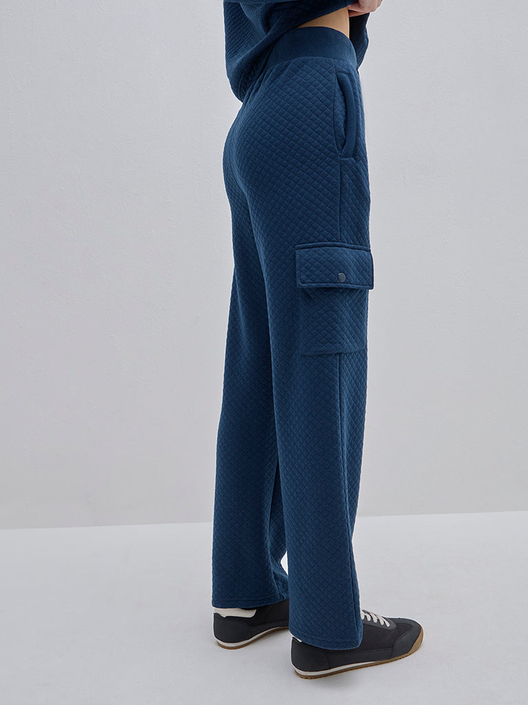 Westside Studiofit Women's Teal Quilted High-Rise Track Pants for Sports Wear Back View