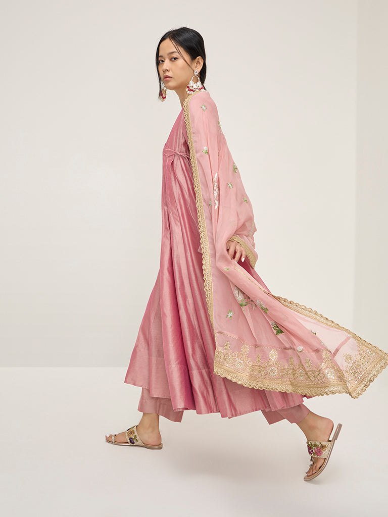 Vark Pink Angrakha Cotton-Blend Kurta, Inner, Palazzos and Dupatta Set