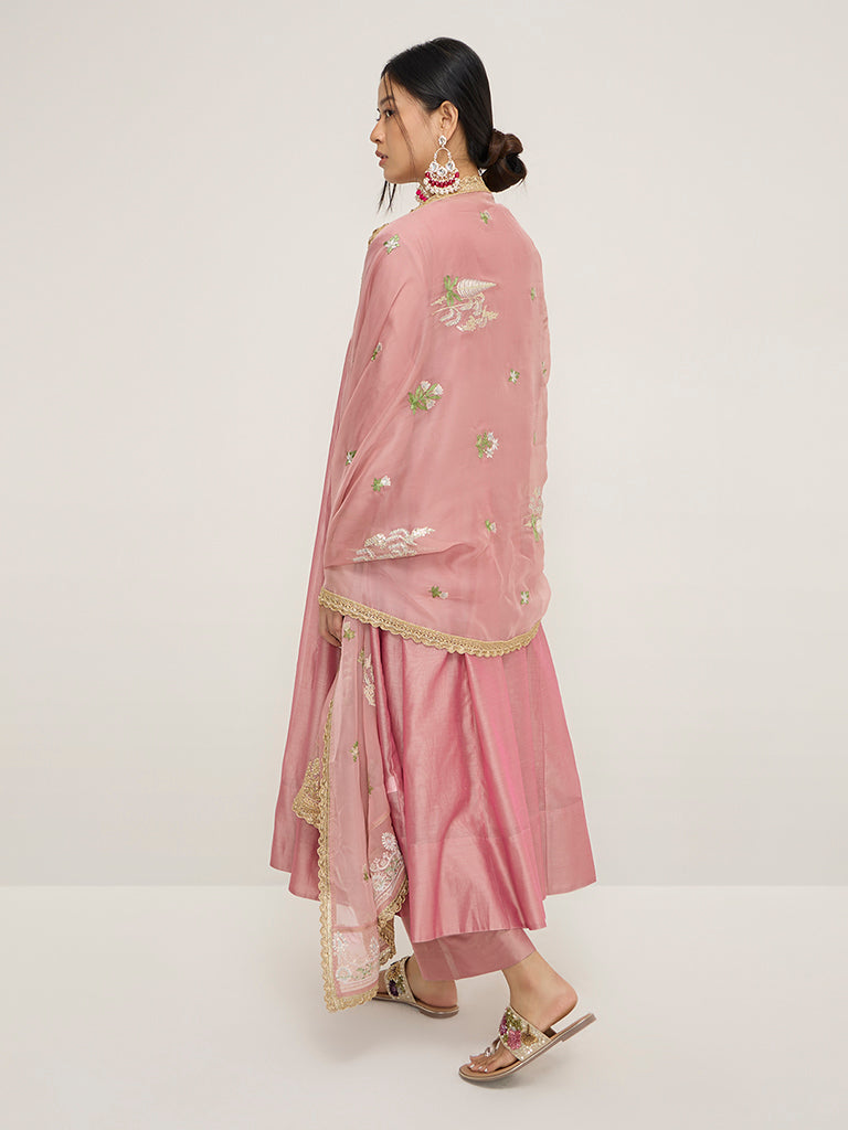 Vark Pink Angrakha Cotton-Blend Kurta, Inner, Palazzos and Dupatta Set