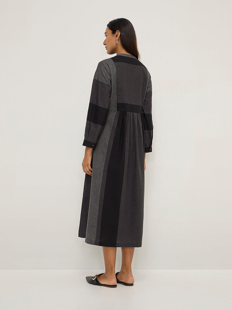 Utsa Charcoal Colour-Blocked Fit-and-Flare Cotton Kurta