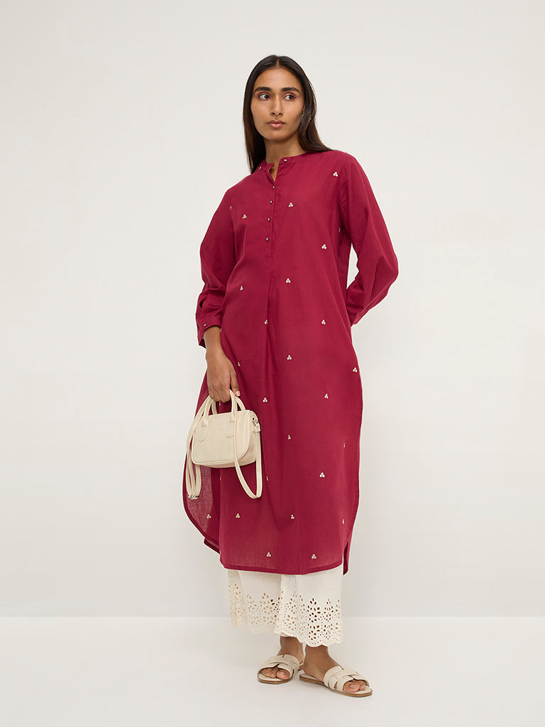 Utsa Maroon Embroidered A-Line Cotton Kurta