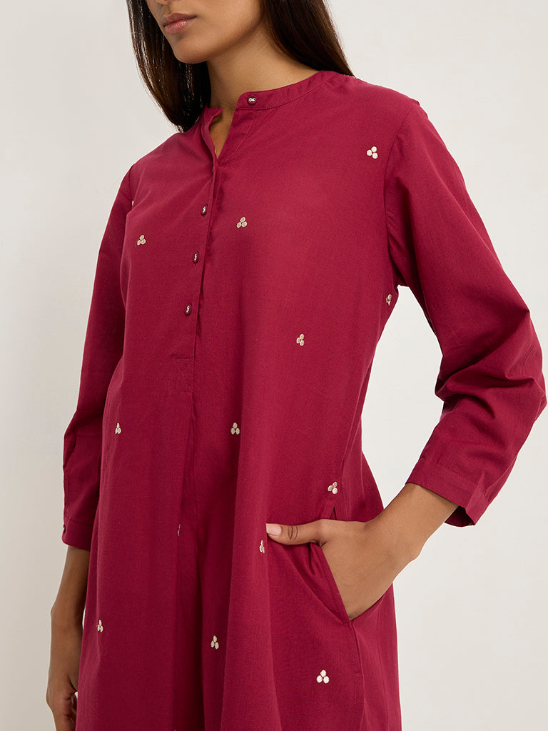 Utsa Maroon Embroidered A-Line Cotton Kurta