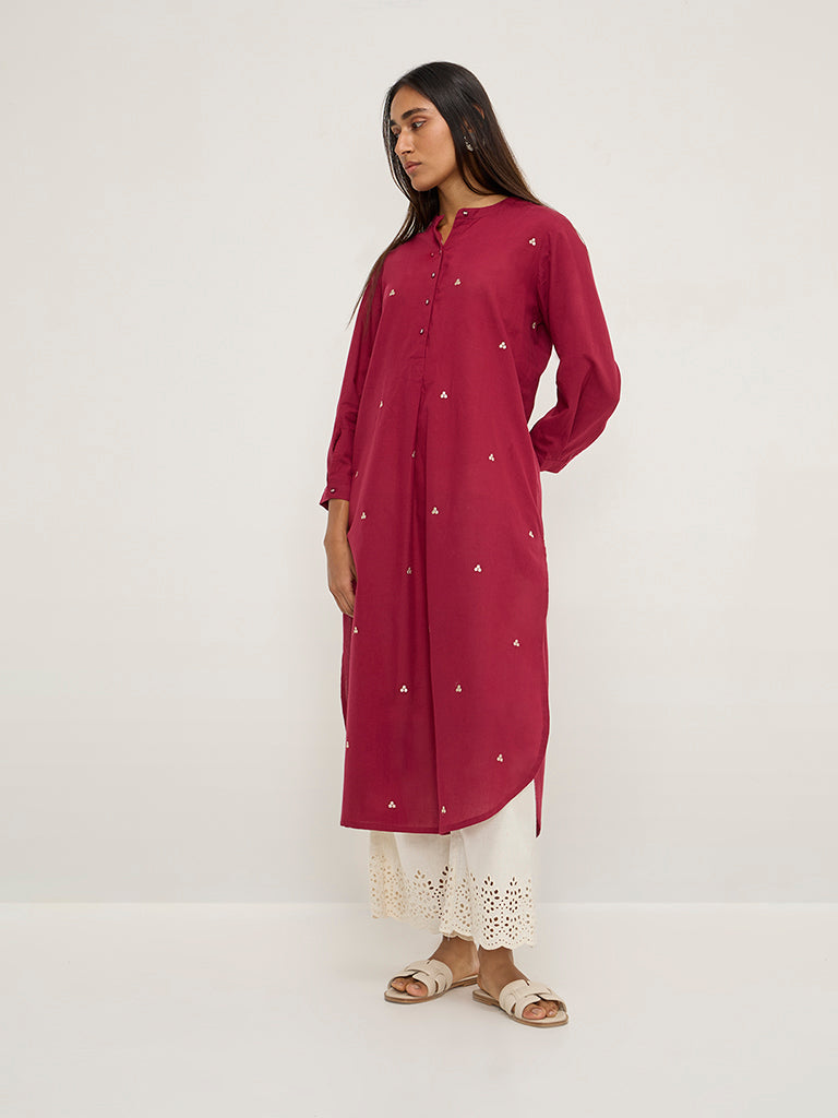 Utsa Maroon Embroidered A-Line Cotton Kurta
