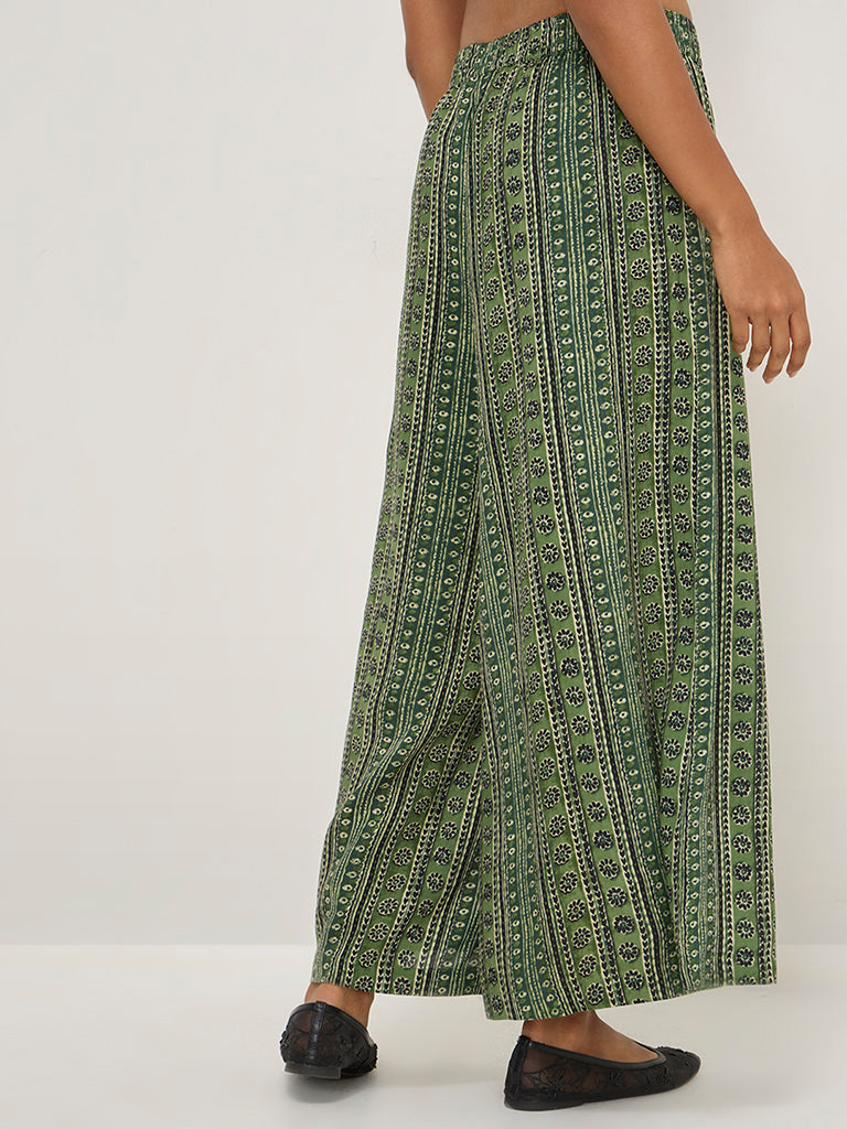 Utsa Green Stripe Printed High-Rise Palazzos