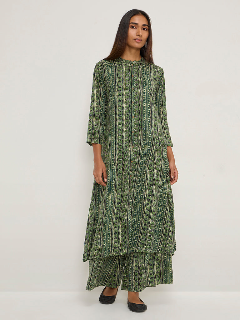 Utsa Green Stripe Printed High-Rise Palazzos