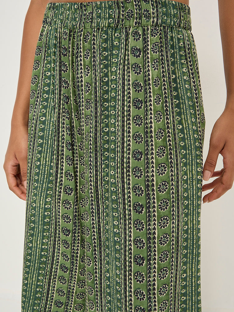 Utsa Green Stripe Printed High-Rise Palazzos