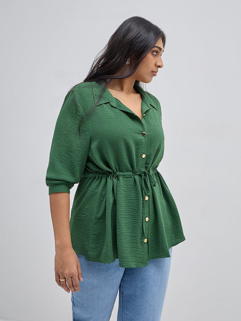 Westside Gia Women's Green Crinkle-Textured Peplum Top for Casual Wear Front View