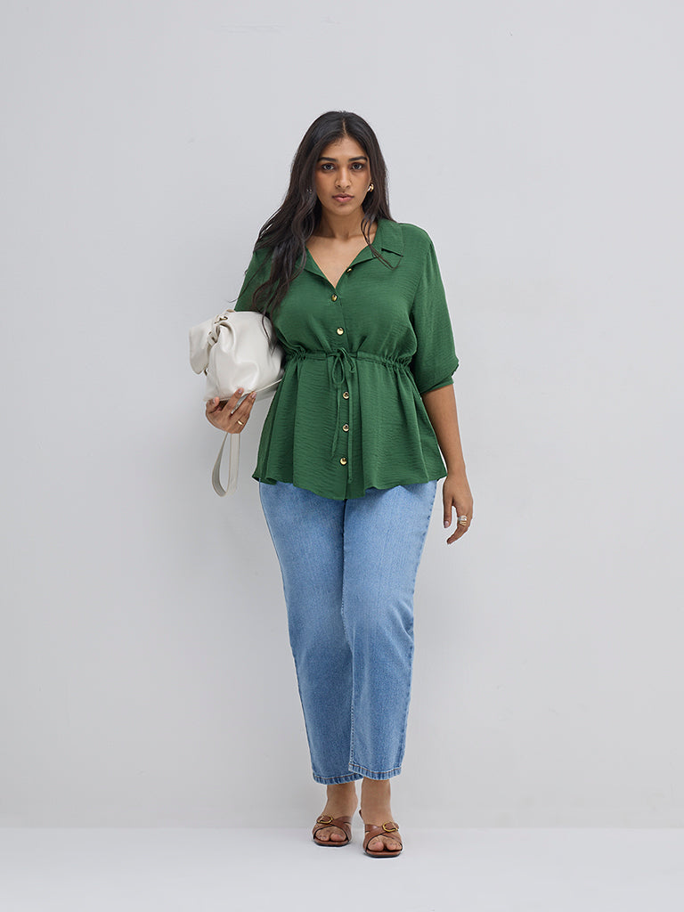 Westside Gia Women's Green Crinkle-Textured Peplum Top for Casual Wear Full View