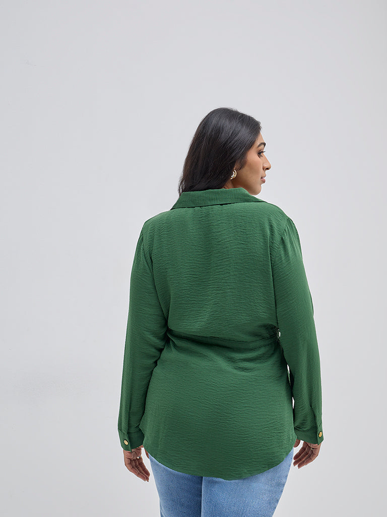 Westside Gia Women's Green Crinkle-Textured Peplum Top for Casual Wear Back View