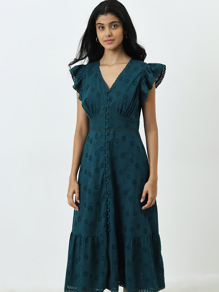 Buy LOV Dark Teal Schiffli Cotton A-Line Dress from Westside