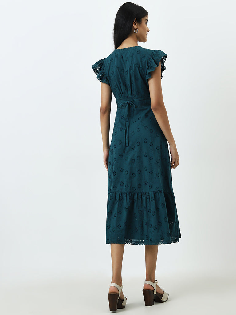 LOV Dark Teal Schiffli Cotton A-Line Dress