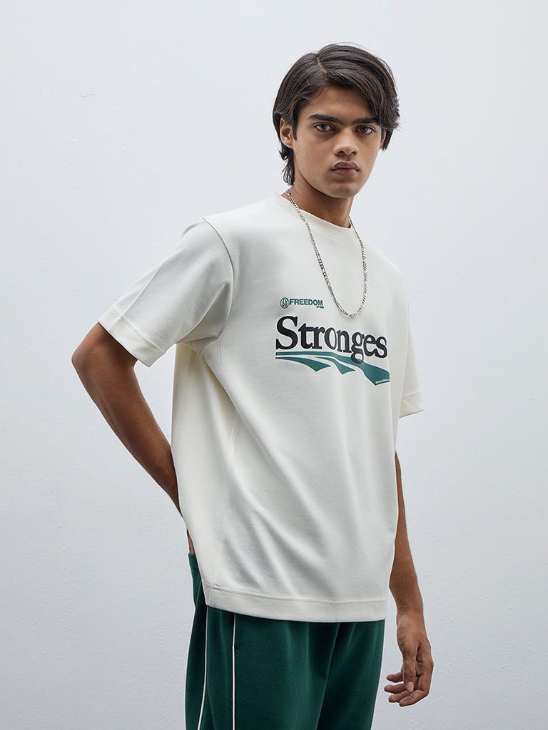Buy Studiofit OffWhite Text Design RelaxedFit Cotton TShirt from