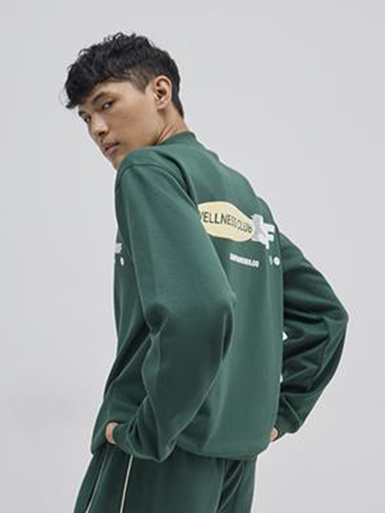 Westside Studiofit Men's Dark Green Printed Relaxed-Fit Cotton-Blend Sweatshirt for Winter Wear Back View