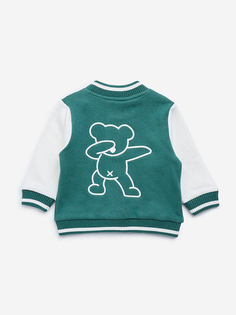 HOP Baby Green Text Embroidered Cotton-Blend Varsity Jacket
