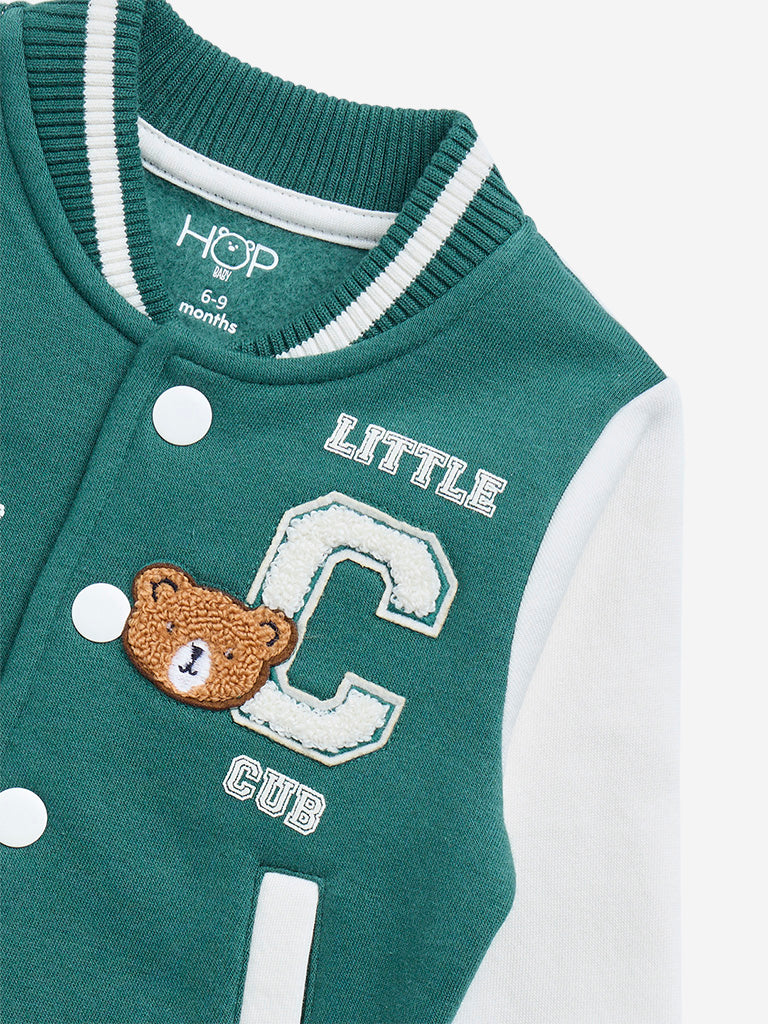 HOP Baby Green Text Embroidered Cotton-Blend Varsity Jacket
