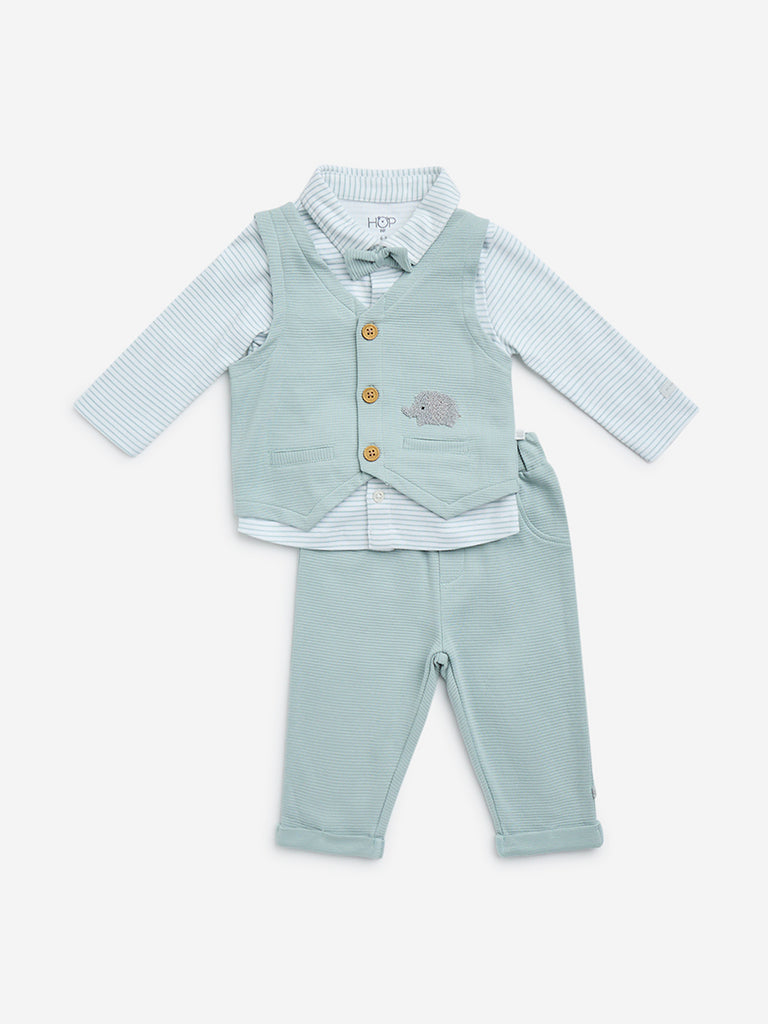 HOP Baby Light Teal Cotton Shirt, Waistcoat and Pants Set